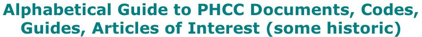 Alphabetical Guide to PHCC Documents, Codes,  Guides, Articles of Interest (some historic)
